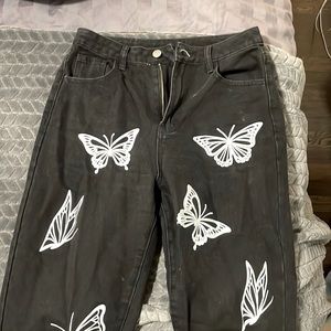 Black and White Butterfly Straight Leg Jean Pants